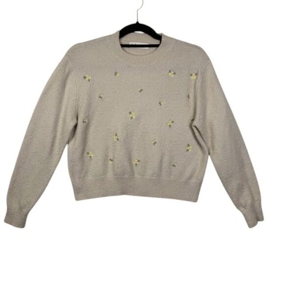 Elodie Sweater Cropped Beige Cream with Embroidered Yellow Flowers Size Medium - Picture 1 of 10